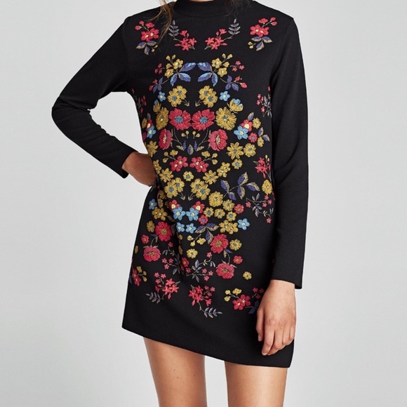 Zara Floral Rubberized Embroidery Black Mini Dress size L - Picture 2 of 11